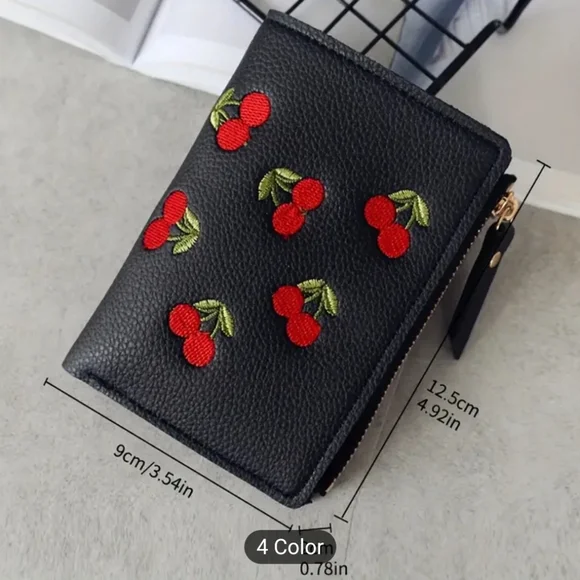 🆕️ NWT Embroidered Cherries Black Wallet - Picture 2 of 3